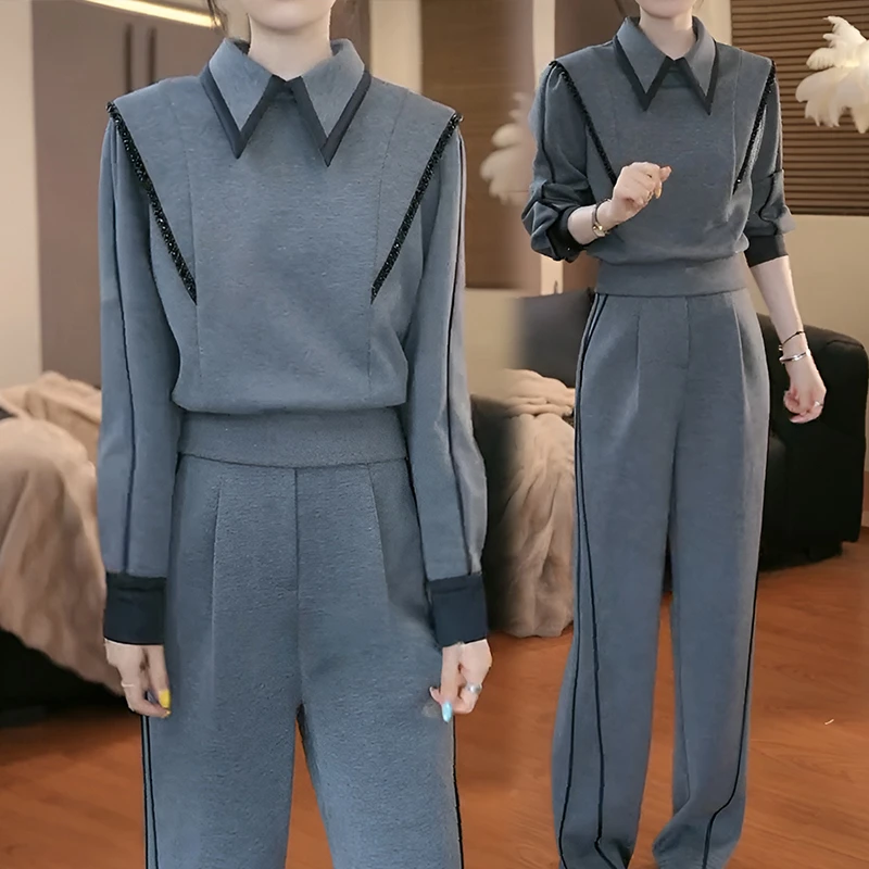 气质欧货高级感时尚卫衣套装女秋冬新款洋气阔气质荡领阔腿裤套装