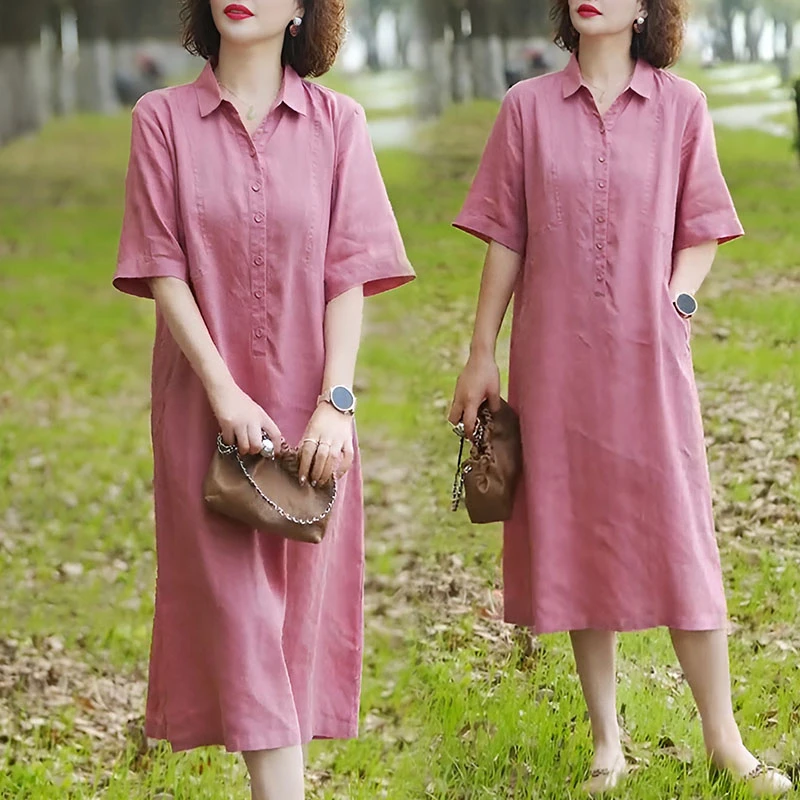 连衣裙裙子简约纯色短袖衬衫裙宽松休闲翻休闲宽2025穿搭纯色宽松