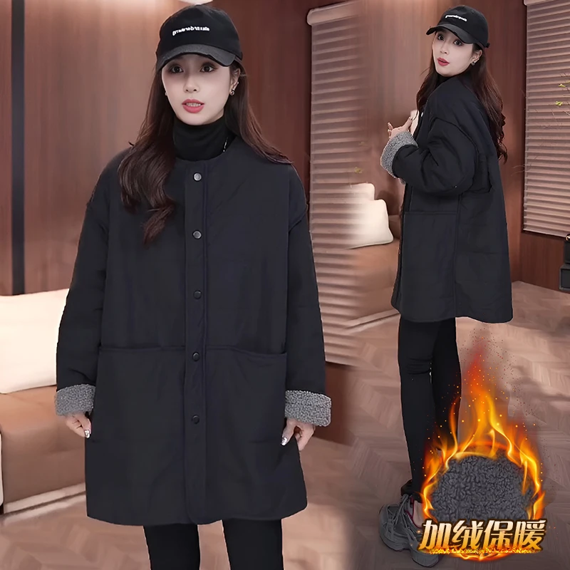 欧货冬装2025新款圆领中长款加绒保暖秋季拼接女款设计感夹克外套