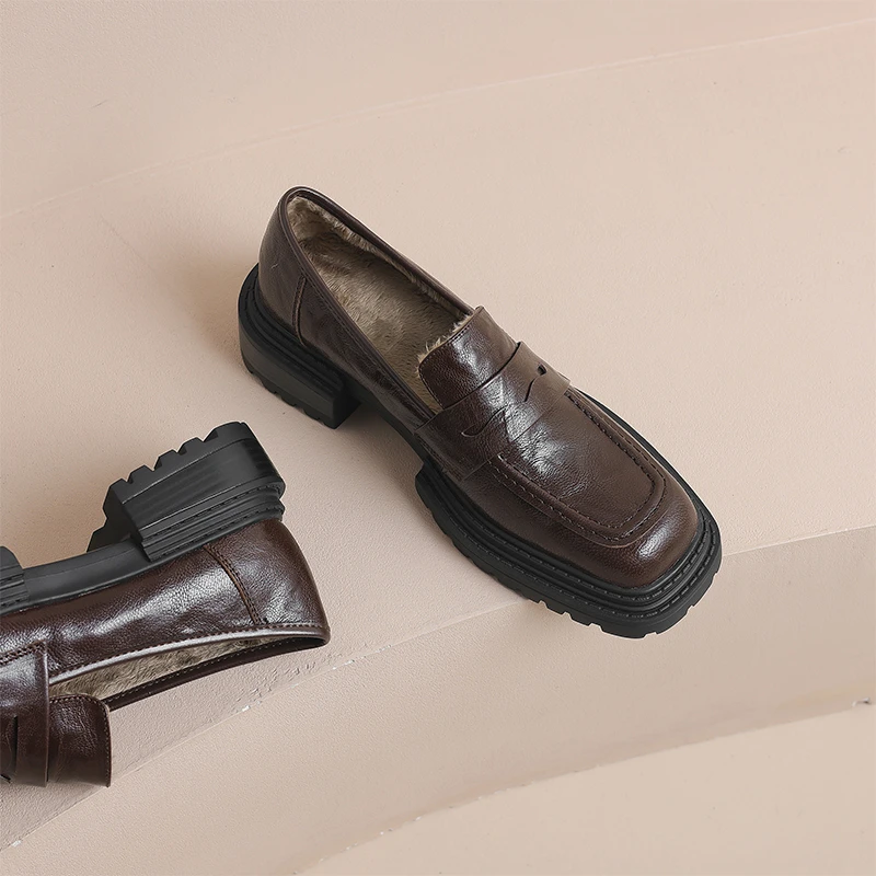 3.5cm女鞋皮鞋单鞋乐福鞋百搭真皮厚底英伦风秋冬季加绒加厚保暖