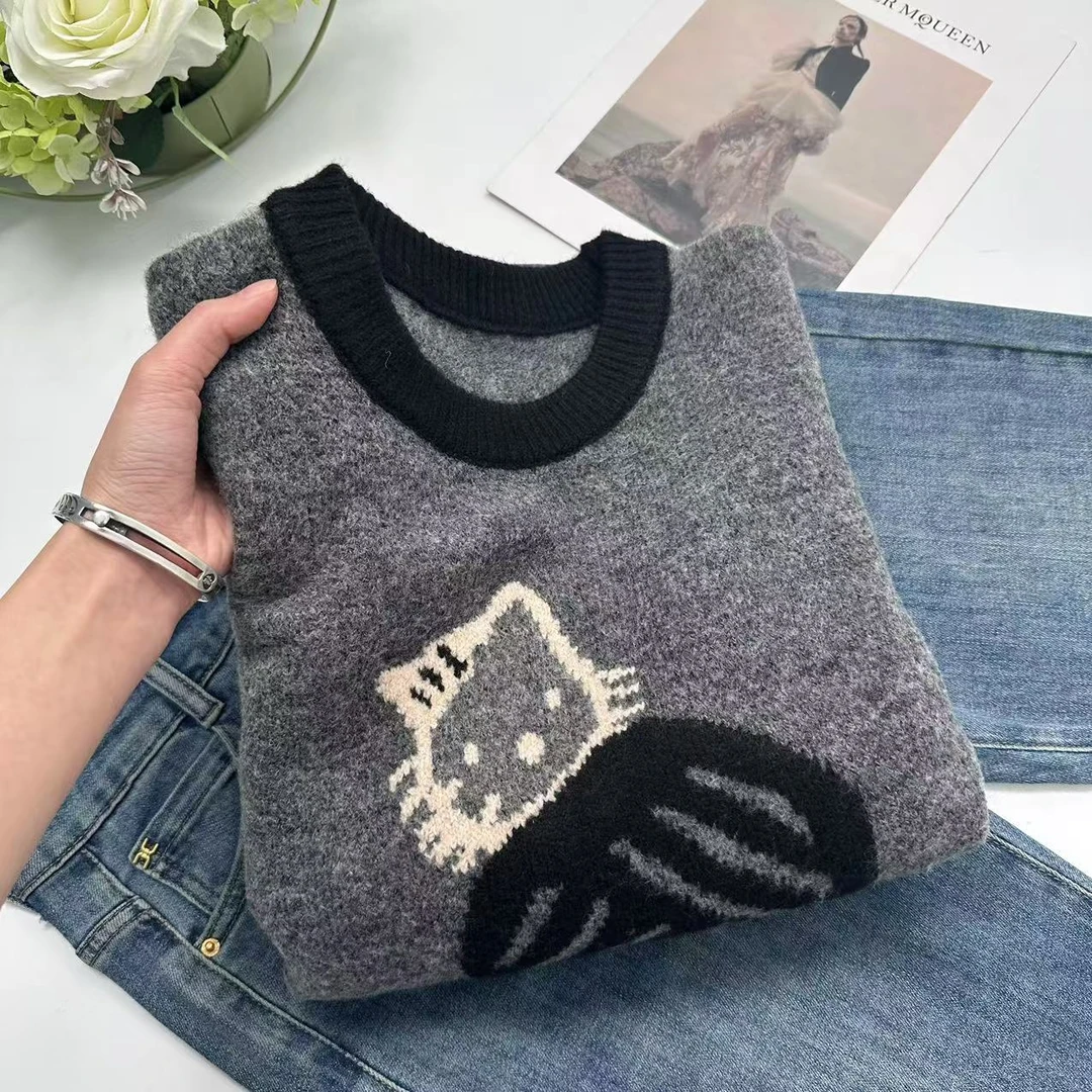 飞飞家 冬款凯蒂猫提花减龄正肩针织衫Y5696灰