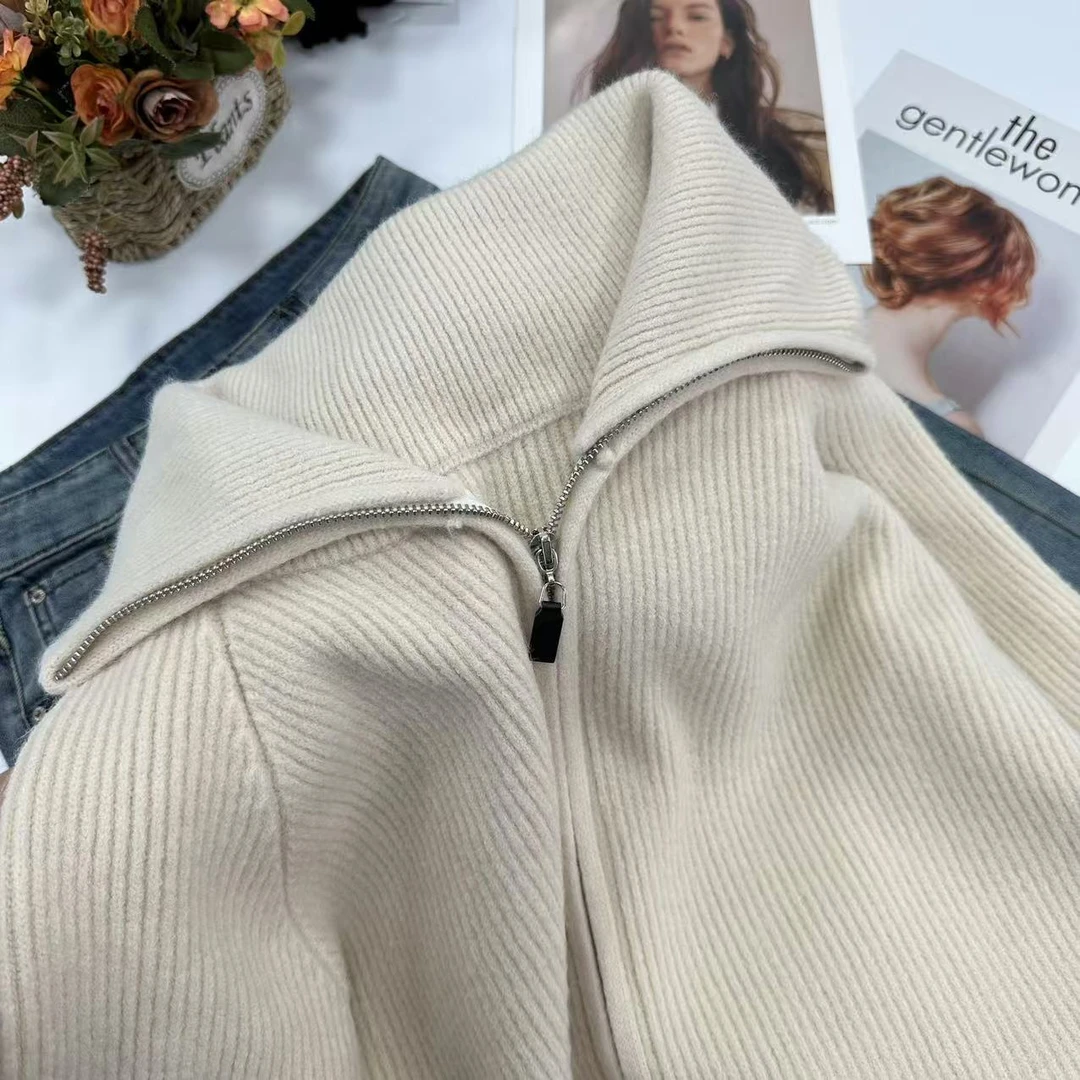 【月光白】冬款外套700克以上坑条双拉链针织开衫Y5591杏