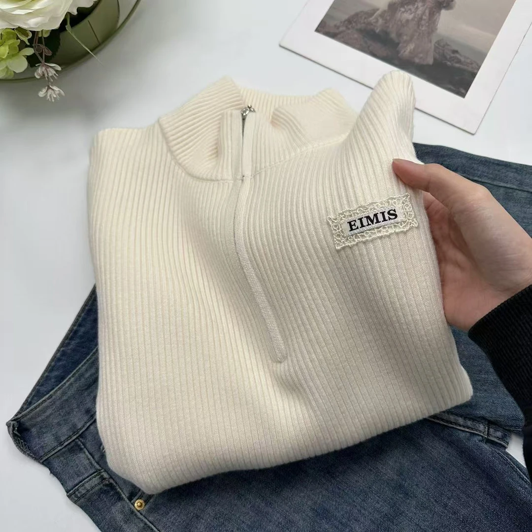 飞飞家 冬款复古简约翻领正肩显瘦针织衫Y5722杏