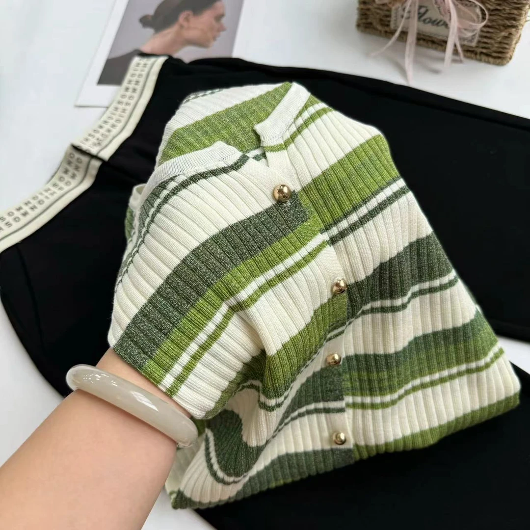 飞飞家 条纹拼色针织开衫Y3764绿
