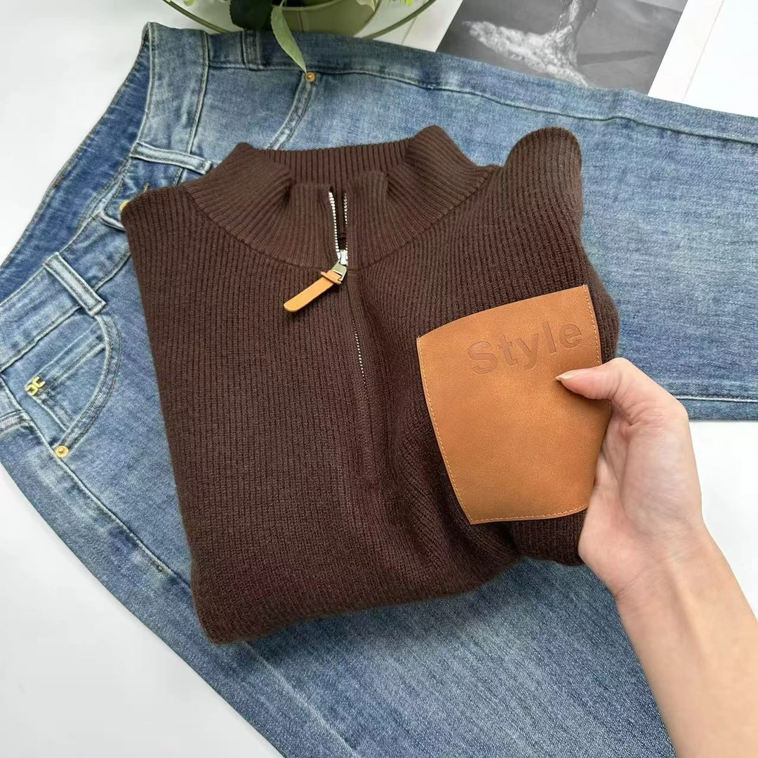 飞飞家 欧洲站！高克重！冬款休闲拼接翻领针织衫Y5376咖