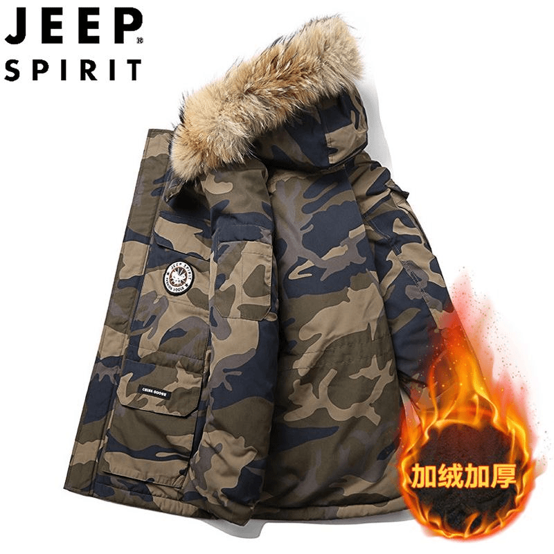 JEEP吉普棉衣男连帽冬季新款加绒加厚棉袄外套男迷彩军大衣棉服男