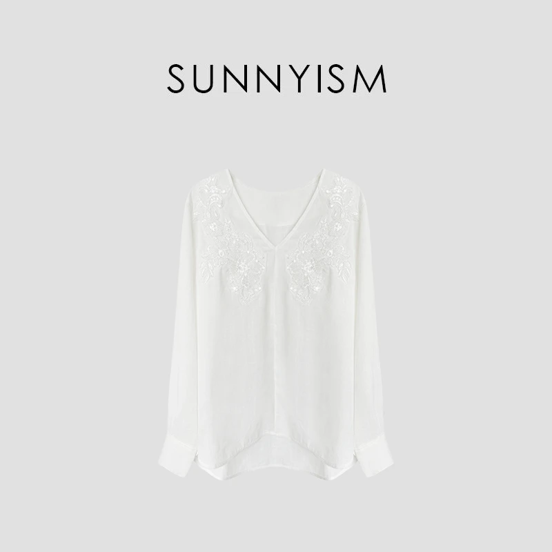 Sunnyism “白巴黎” 百合高级刺绣唯美气质V领上衣 SY00496