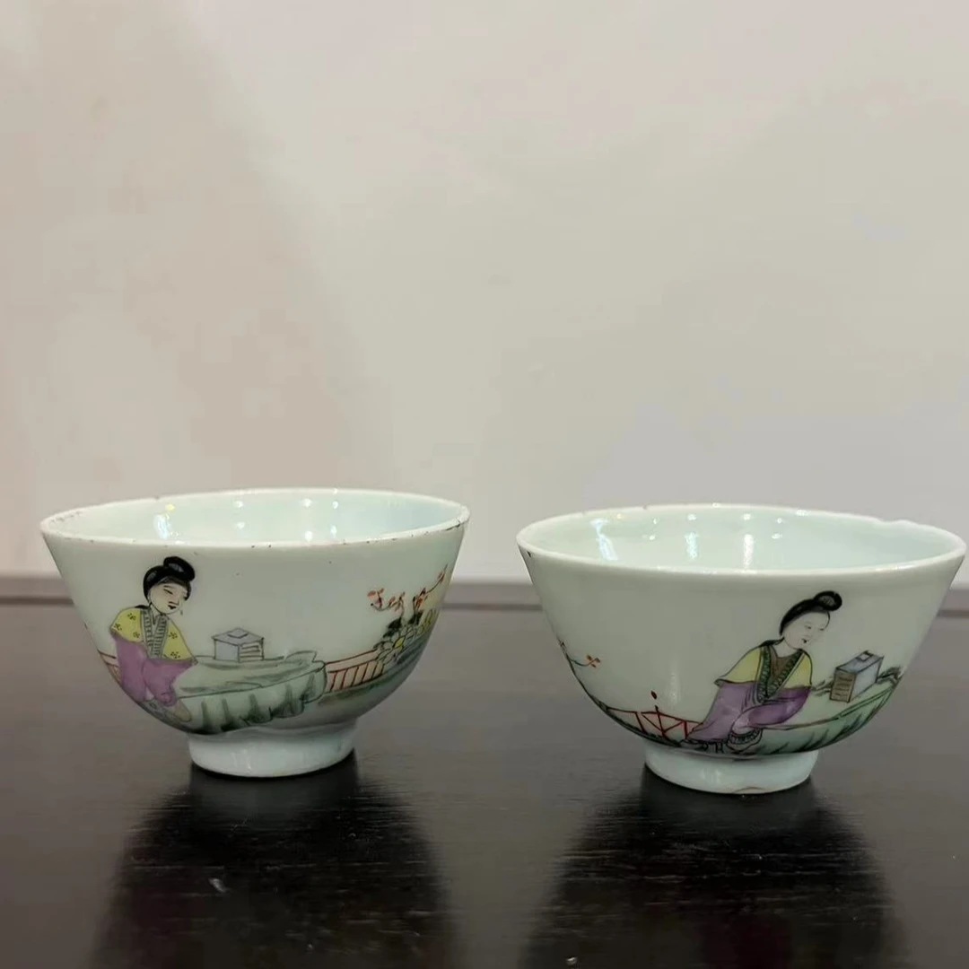 粉彩桃花美人茶杯酒杯手绘陶瓷