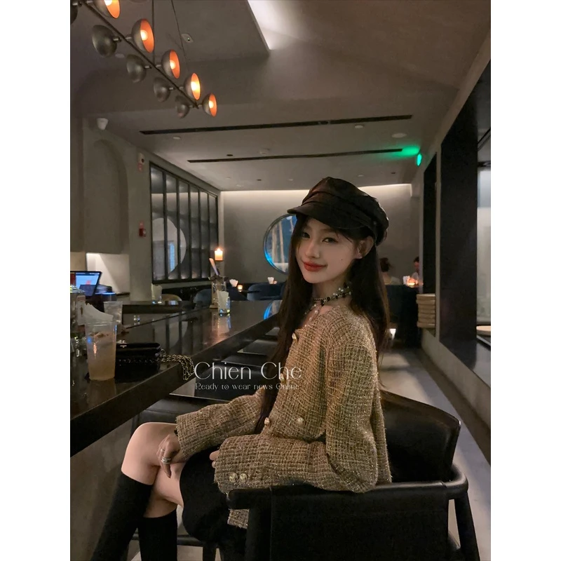 车迟恩Chien 法式千金高级感精致名媛秋冬款羊毛金色小香风外套女