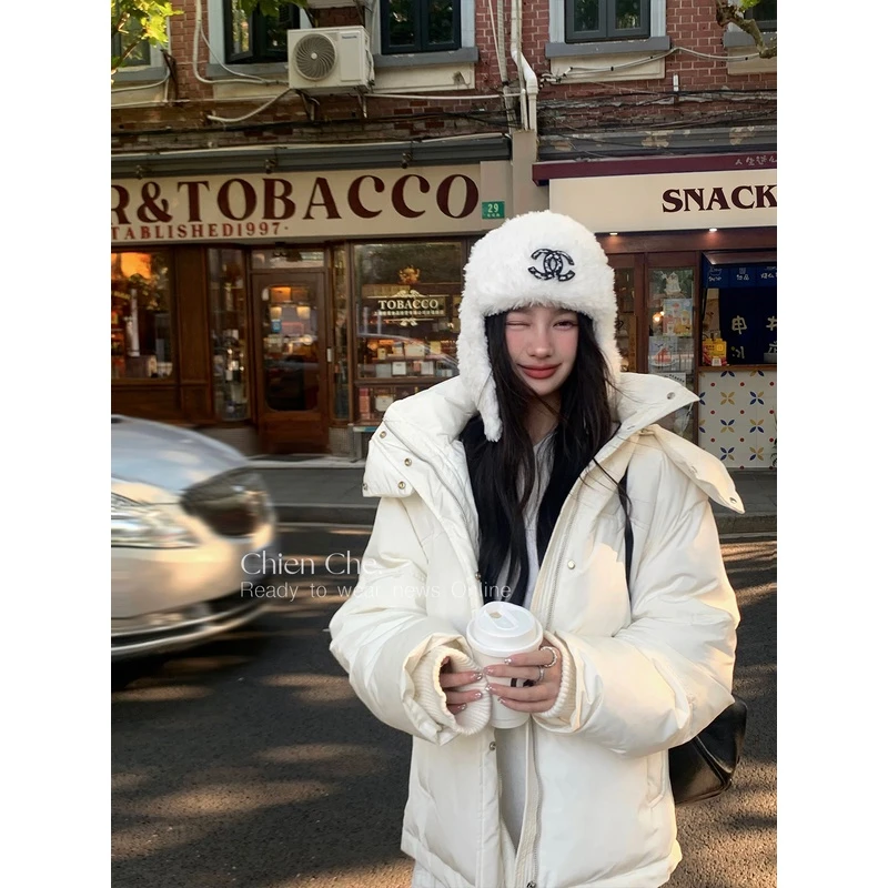 车迟恩Chien 连帽面包服冬季立领防风保暖加厚羽绒棉衣白色外套女