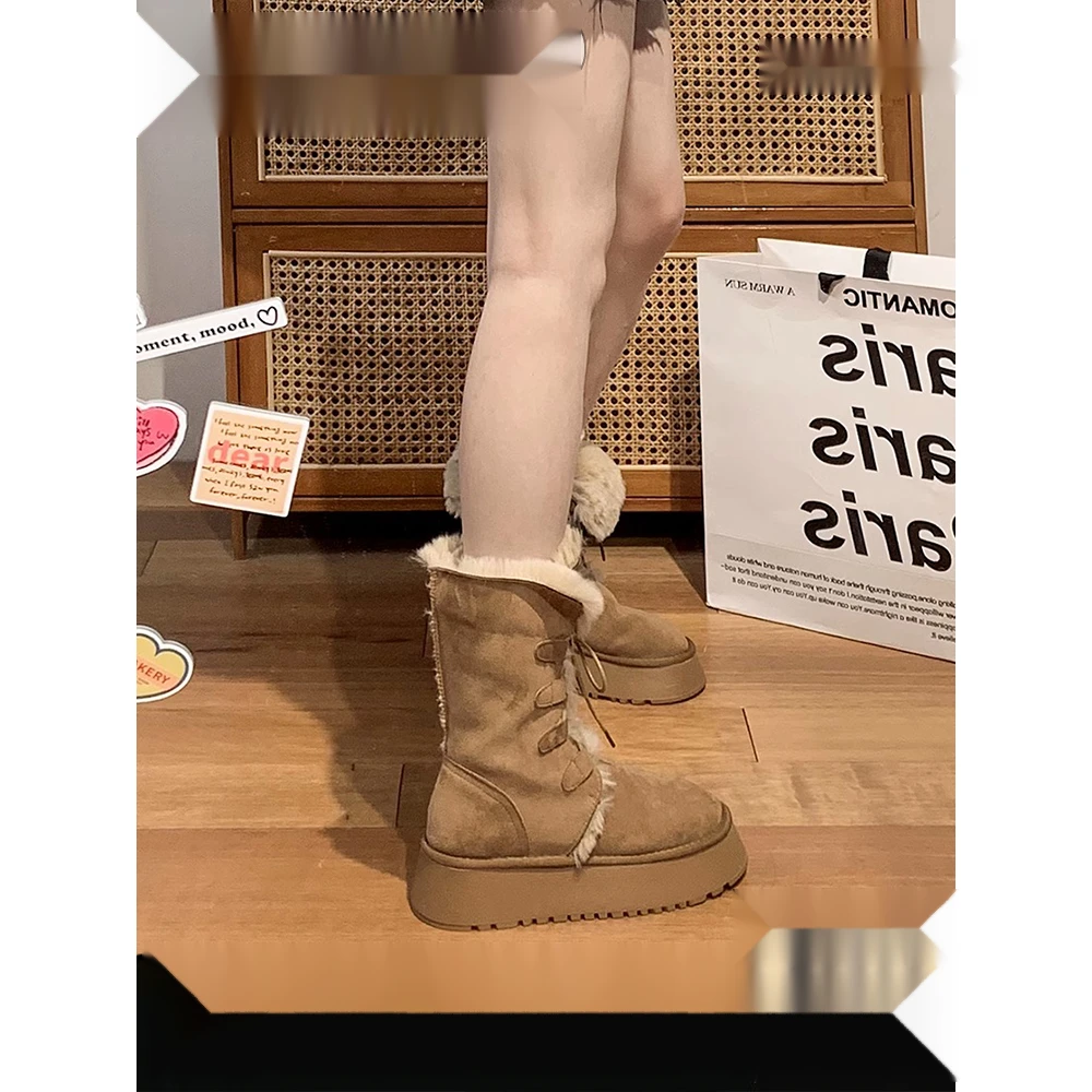 回力瑞厚底雪地靴2023冬季新款系带两穿加绒东北大棉鞋中筒棉靴子