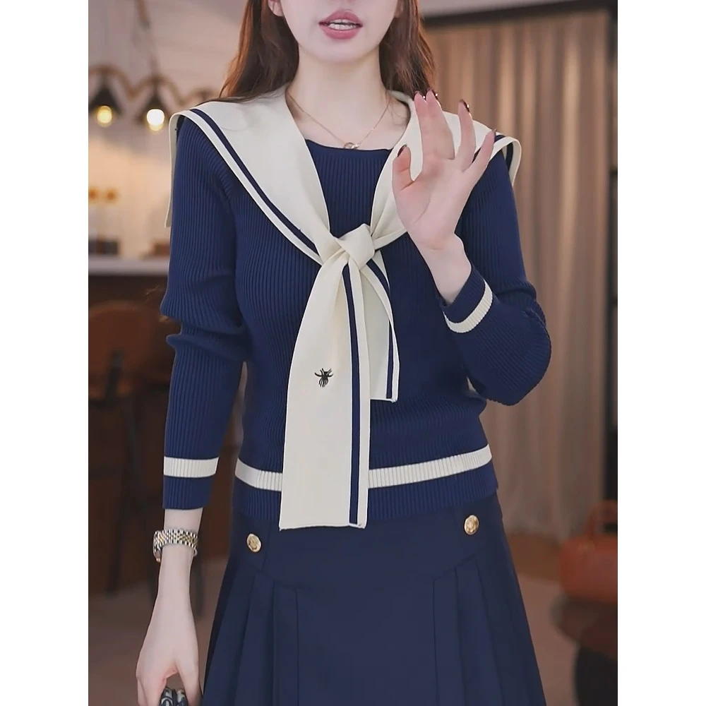 海军领藏蓝色针织衫女秋假两件毛衣2024新款长袖飘带修身显瘦上衣
