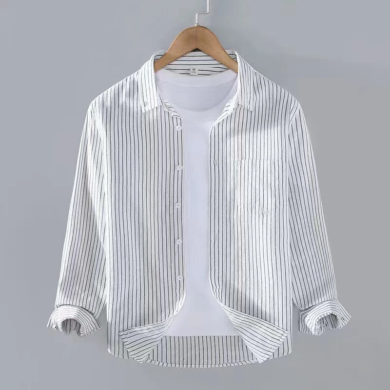 2024秋季新款男士衬衣长袖衬衫日系条纹简约宽松方领条纹衬衫男款