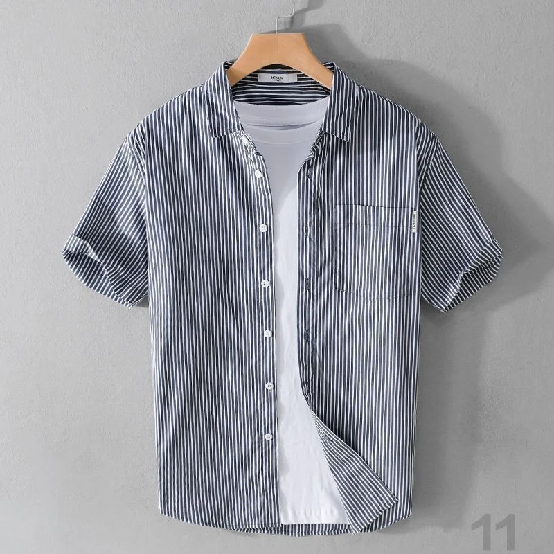 夏款男士条纹短袖男士休闲衬衫日系潮流衬衣外套休闲百搭宽松衣服