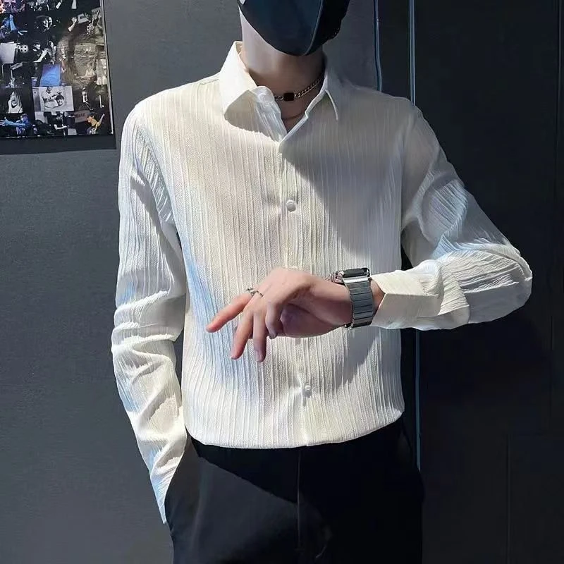 新款男士长袖透气条纹衬衫网红高级感发型师韩版修身痞帅半袖衬衣