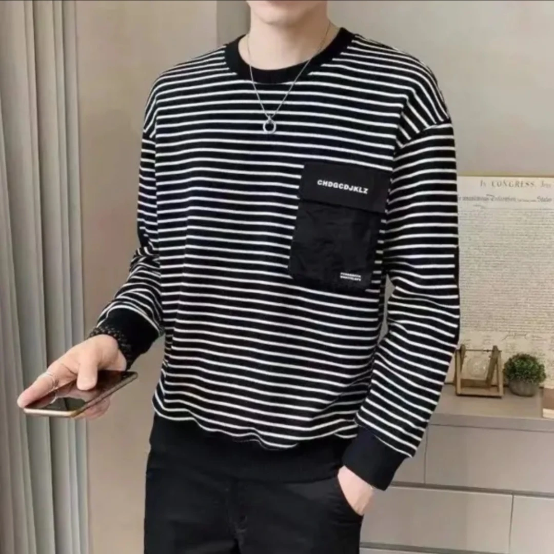 男士套头新款百搭条纹贴布刺绣潮流休闲时尚卫衣长袖圆领8803款