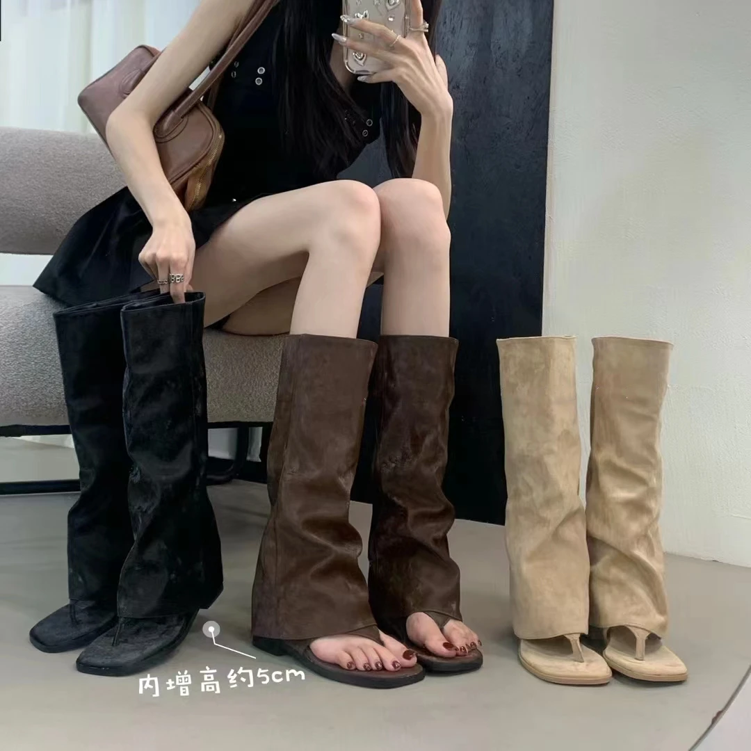 【罗伊伊女鞋】复古内增高夏日露趾凉靴