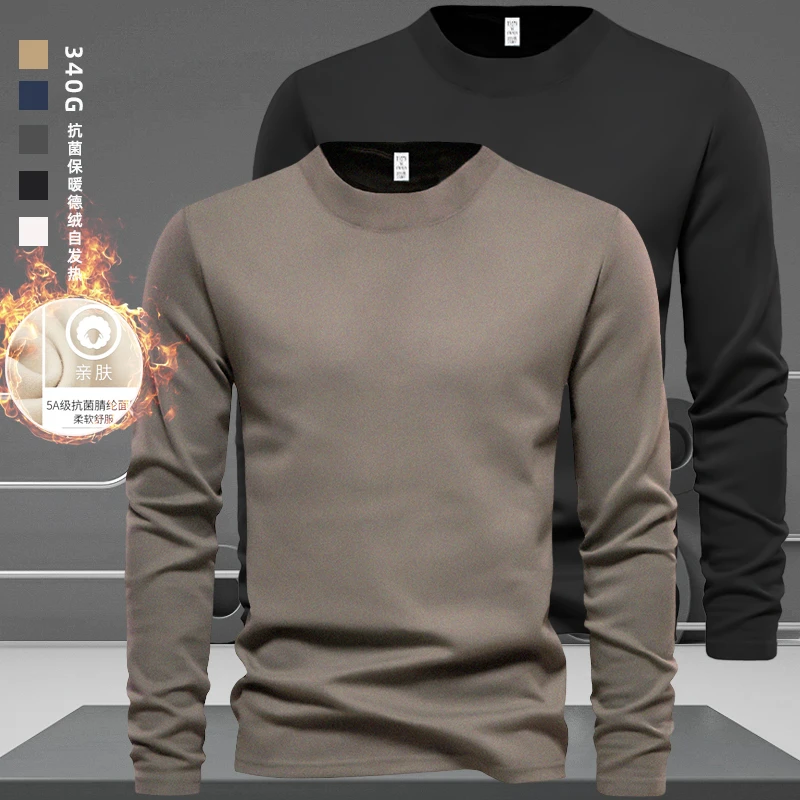 美式340g德绒打底衫男冬季加绒内搭保暖衣秋衣重磅半高领长袖t恤