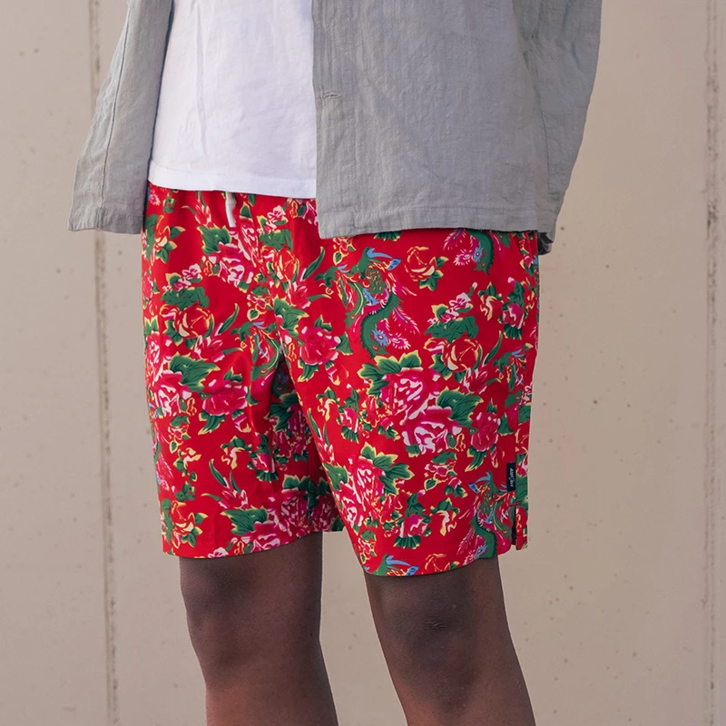 夏季男女东北大花民族风时尚百搭印花沙滩休闲男士宽松短裤五分裤