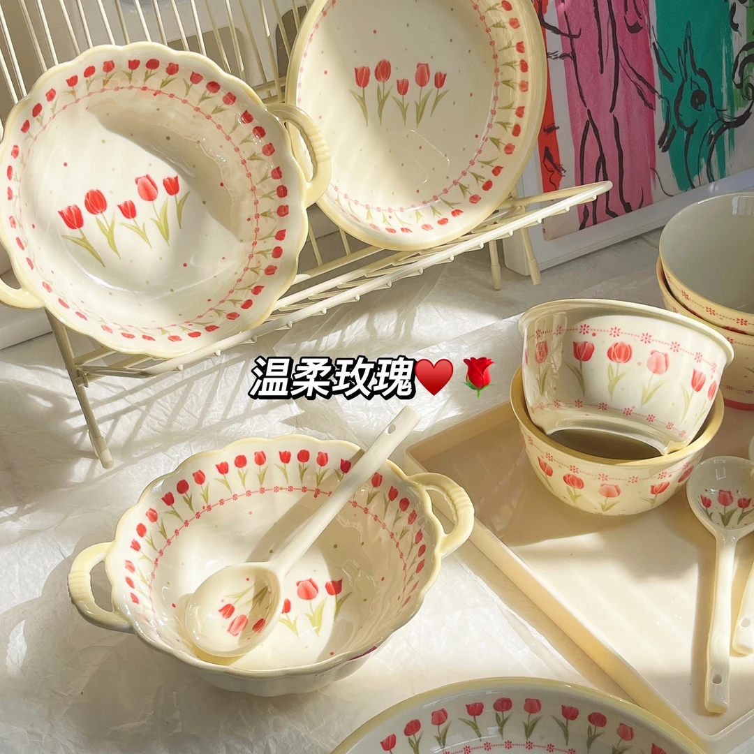 温柔玫瑰陶瓷碗盘高颜值餐具家用奶油风温柔风少女心带勺
