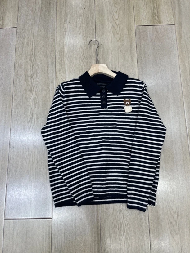 【大欣家】3305「口袋熊」条纹polo领毛衣