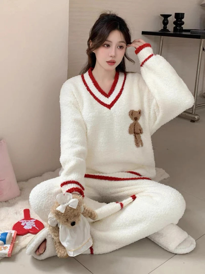 2024新款白鹿同款半边绒卡通家居服保暖可外穿睡衣套装宽松