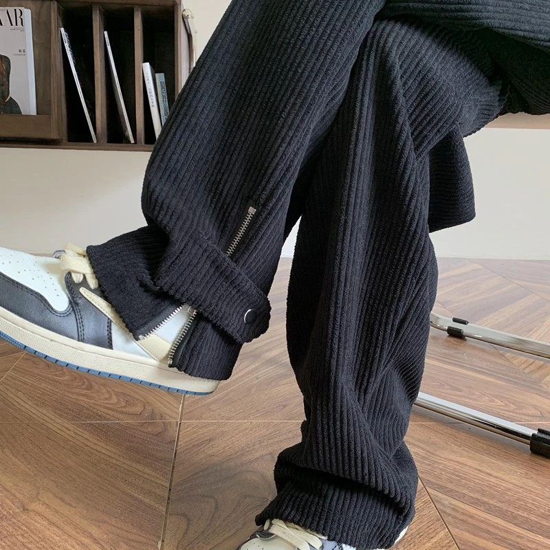 半拉链灯芯绒裤子男款春秋款痞帅高级感开叉休闲裤重磅雪尼尔卫裤