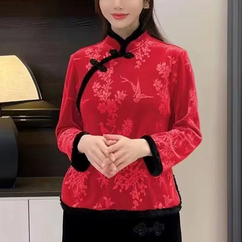 高档冬季新款加绒打底衫时尚洋气百搭遮肉显瘦新中式改良旗袍上衣