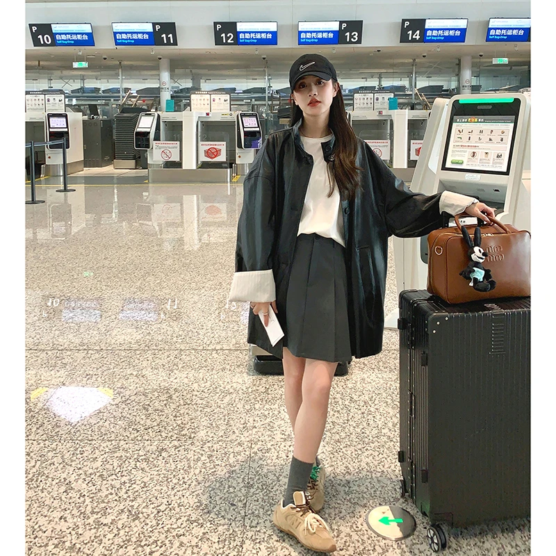 幂式穿搭黑色皮衣外套女中长款高级感宽松气质阔版酷飒小个子风衣