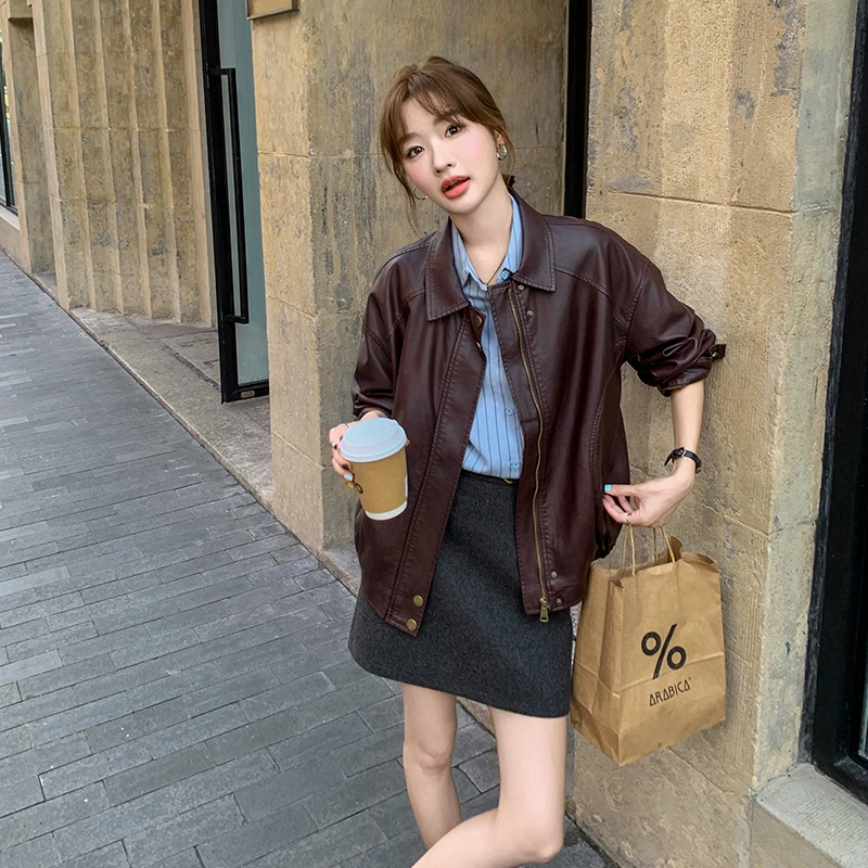 安可拉红皮衣短外套女春秋2024新款美式复古小个子高级感pu皮夹克