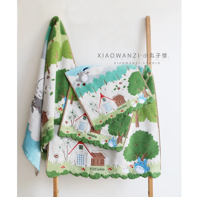 出口日本精美刺绣云朵飞行刺绣龙猫全棉洗脸纯棉大方巾毛巾浴巾