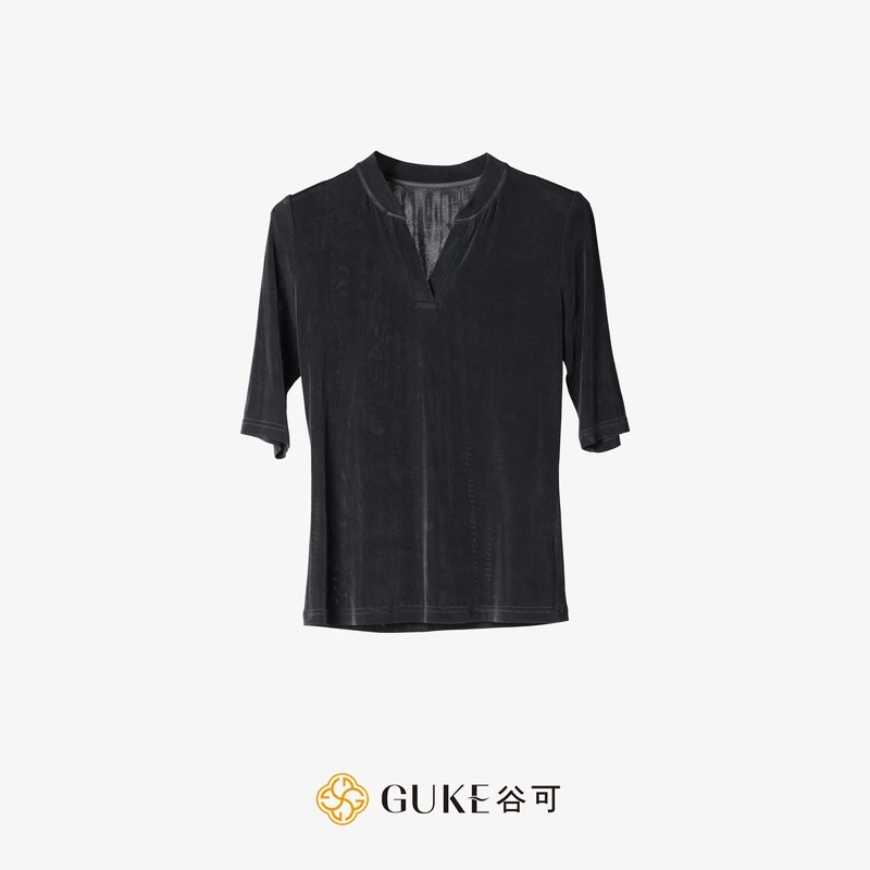 GKE/谷可C1317时尚V领醋酸T恤女款2024款洋气时尚修身短袖上衣夏