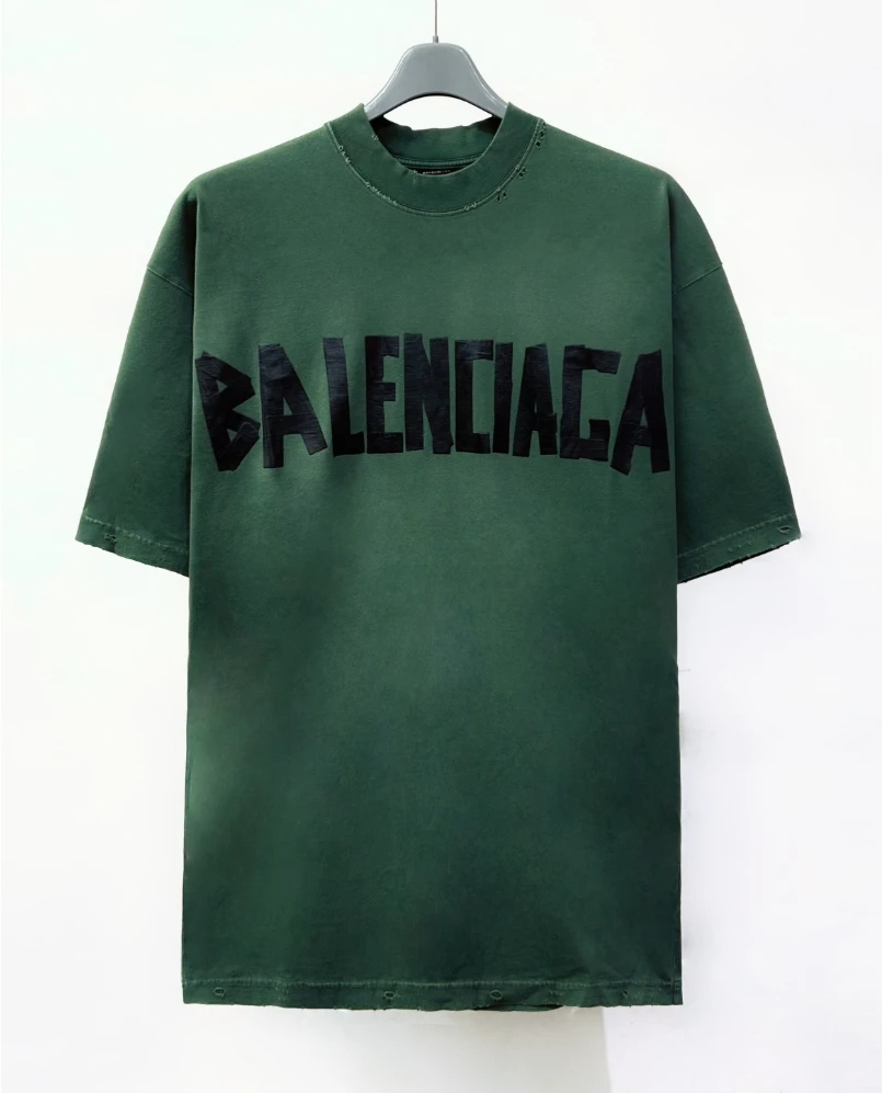全新未使用 Balenciaga/巴黎世家 墨绿BB涂鸦字母印花短T恤739784