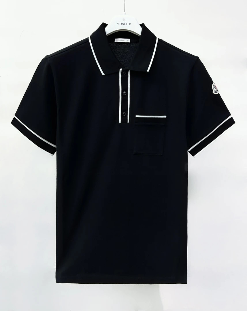 全新未使用 MONCLER 24春夏黑色白彩条潮流时尚休闲POLO衫8A00004