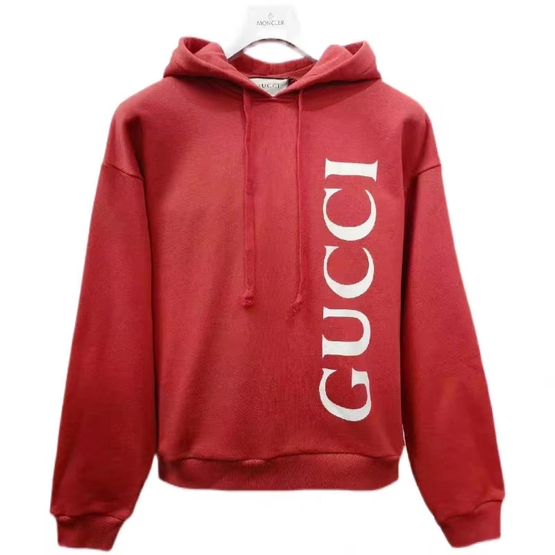 全新未使用 GUCCI/古驰 M 秋红色侧边字母印花帽衫带帽卫衣604974