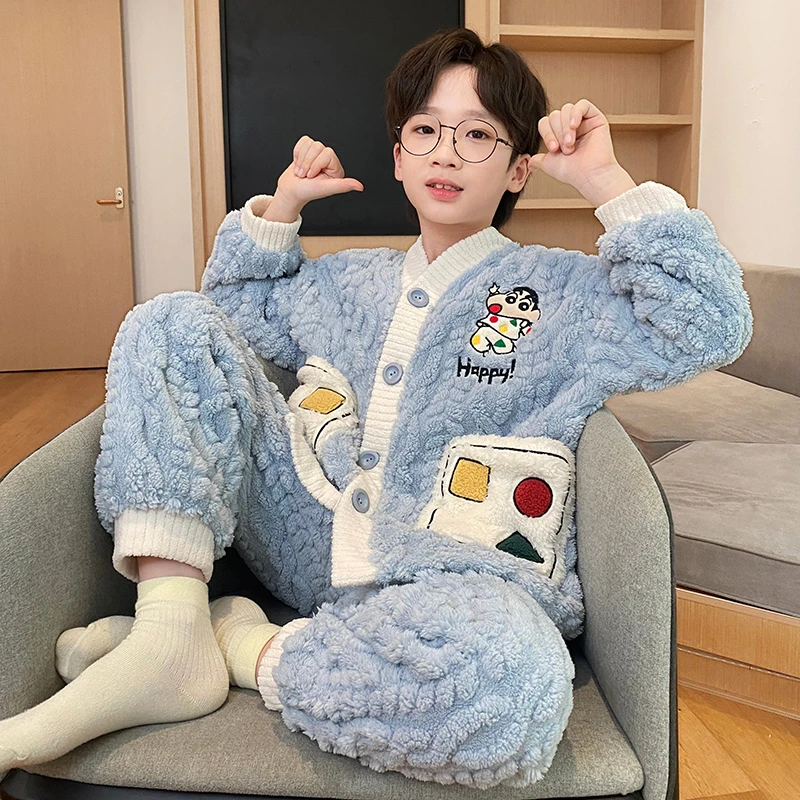 YUZHAOLIN/俞兆林时尚男童可外穿长袖V领睡衣中大童珊瑚绒家居服