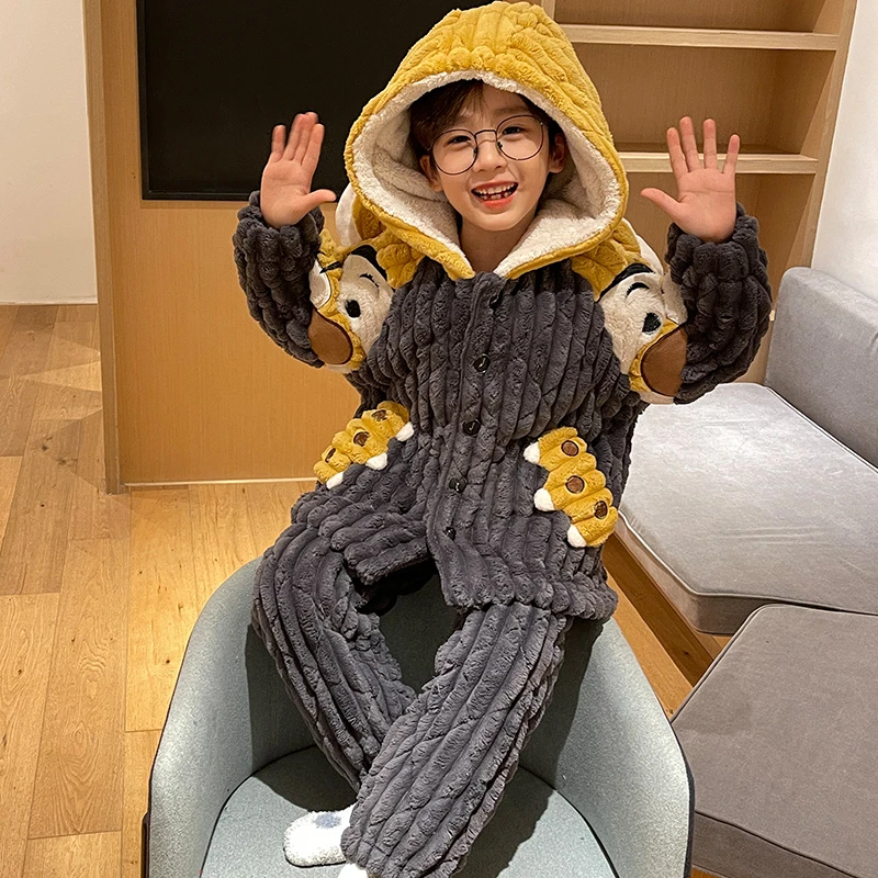 YUZHAOLIN/俞兆林儿童睡衣冬季加厚男童法兰绒三层夹棉加绒家居服