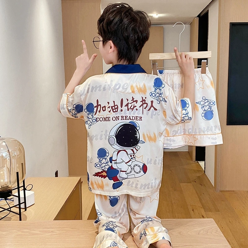 YUZHAOLIN/俞兆林休闲卡通小男孩短袖冰雪丝睡衣儿童家居服三件套