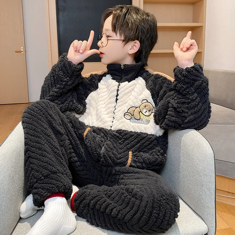 YUZHAOLIN/俞兆林儿童睡衣秋冬季珊瑚绒男童加绒加厚款开衫家居服