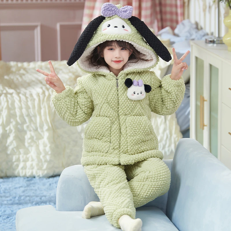 YUZHAOLIN/俞兆林小女孩卡通可外穿珊瑚绒三层夹棉居家睡衣两件套