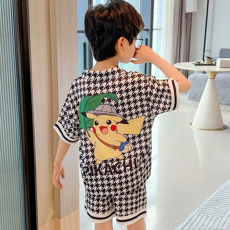 YUZHAOLIN/俞兆林男童夏季薄款短袖冰雪丝青少年V领卡通睡衣套装