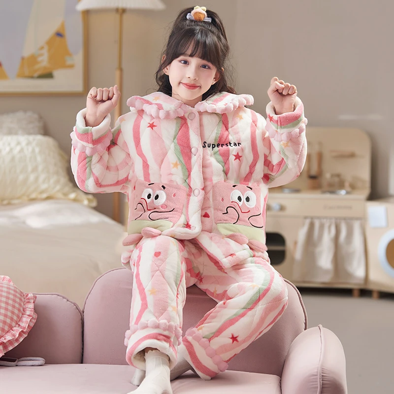 YUZHAOLIN/俞兆林翻领冬季加厚款法兰绒女童睡衣三层夹棉保暖套装