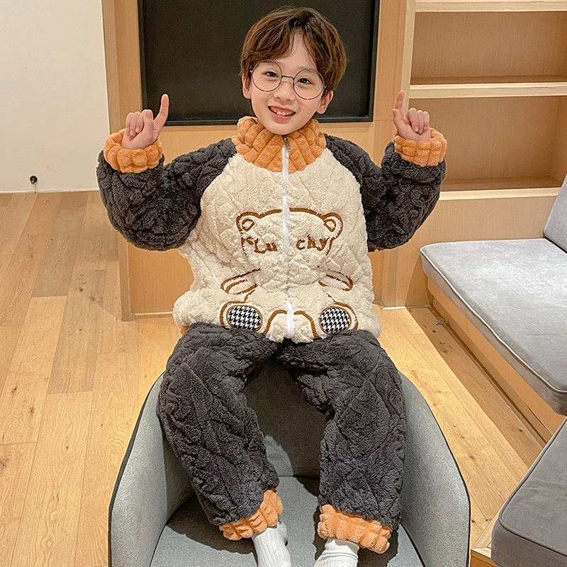YUZHAOLIN/俞兆林儿童睡衣小男孩冬季三层夹棉加厚款珊瑚绒家居服