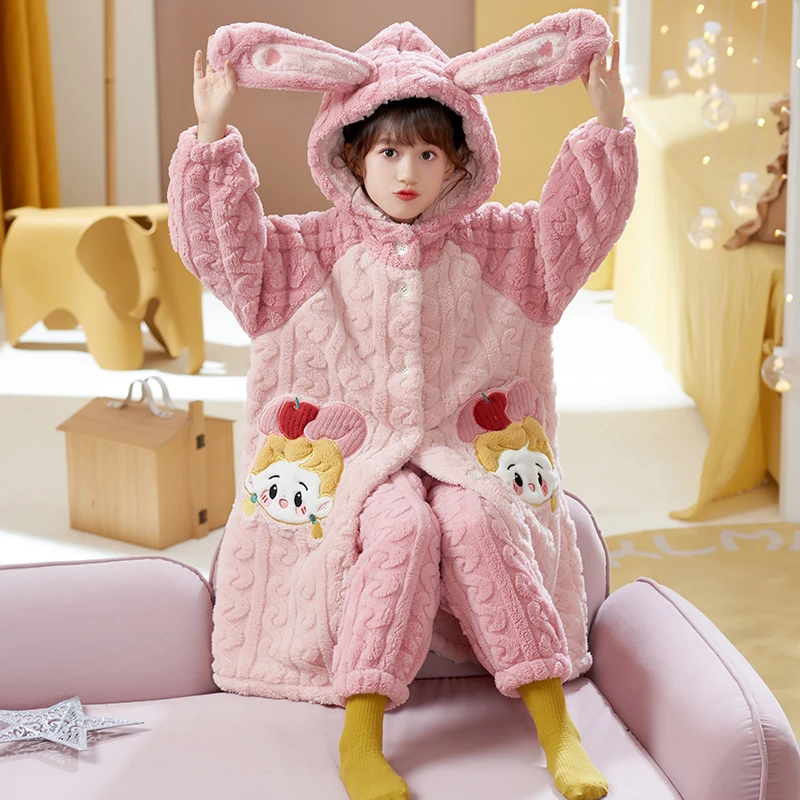 YUZHAOLIN/俞兆林冬季女童加绒加厚款珊瑚绒女孩睡袍中长款家居服