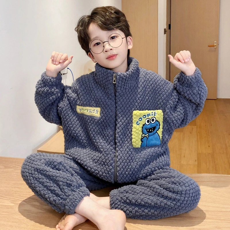 YUZHAOLIN/俞兆林男童长袖加厚款珊瑚绒秋冬季卡通可外穿睡衣套装