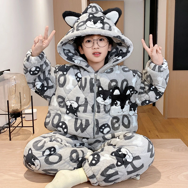 YUZHAOLIN/俞兆林卡通拉链开衫款男童法兰绒三层夹棉保暖儿童睡衣