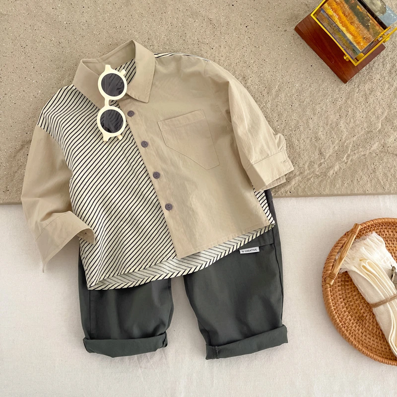 男童纯棉衬衫2025春季新款儿童长袖翻领衬衣宝宝韩版撞色条纹上衣