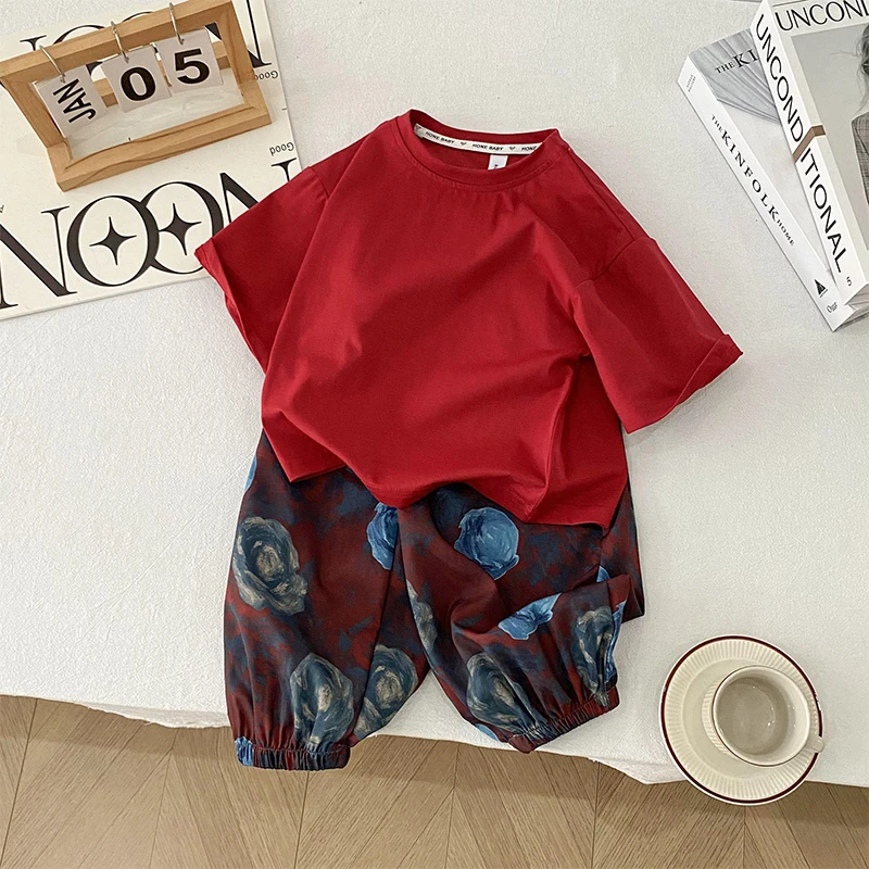 男童夏季玫瑰花短袖套装2025韩版男孩夏季宽松花色运动两件套潮