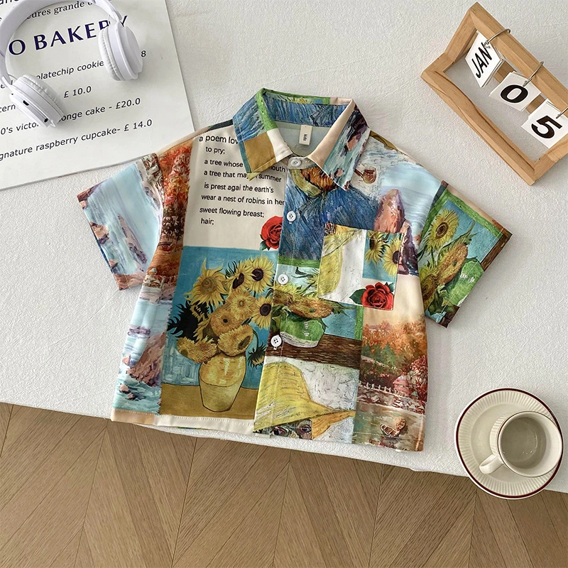 夏季复古油画衬衫男童花衬衣中小童休闲上衣翻领洋气儿童衬衣童装