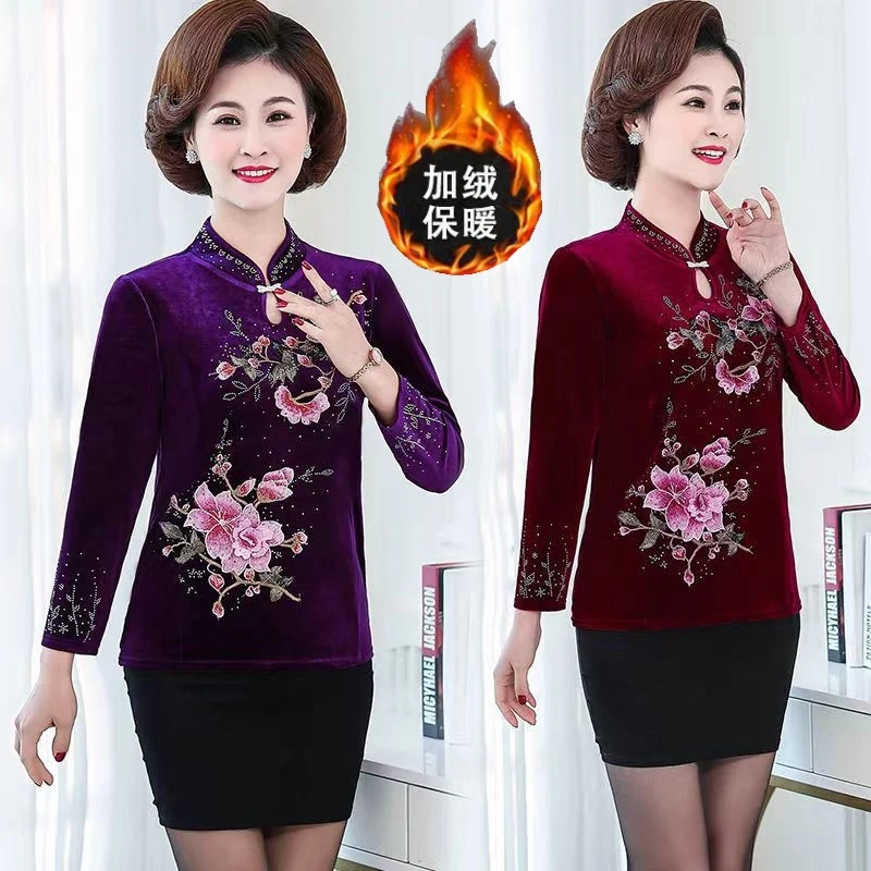 2023新款加绒/不加绒重工刺绣妈妈装小衫中国风洋气加厚上衣